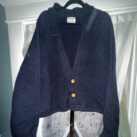 Boheme Goods Cropped Wool Cardigan | Navy - 4 - Picture 1 of 3